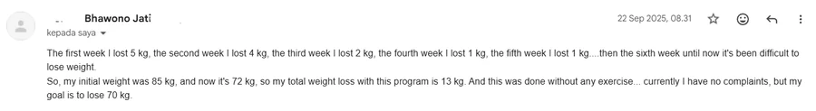 My starting weight was 85 kg, and now it's 72 kg — 13 kg total on this program. And that was done without any exercise.
