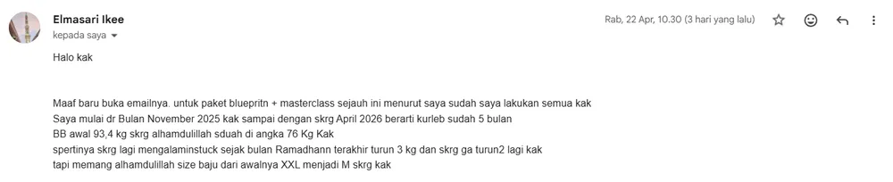 Ike, 43 thn — turun 17,4 kg · XXL → M