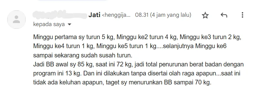 Jati, 40+ — turun 13 kg dalam 6 minggu · tanpa olahraga