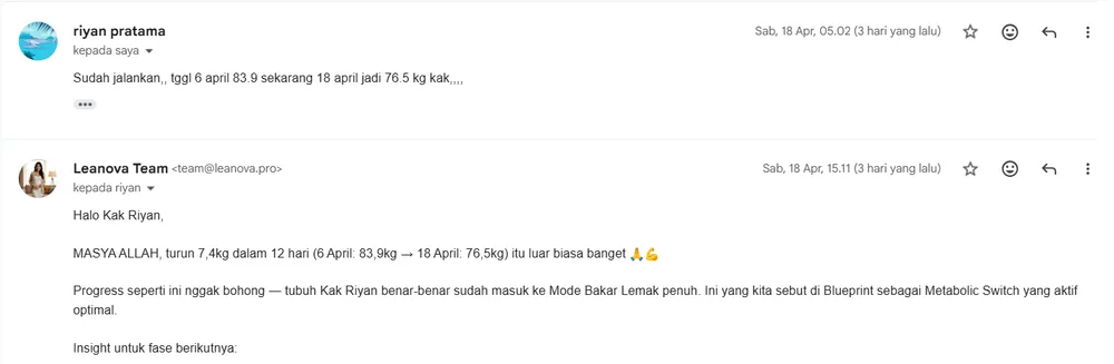 Screenshot email coaching Riyan